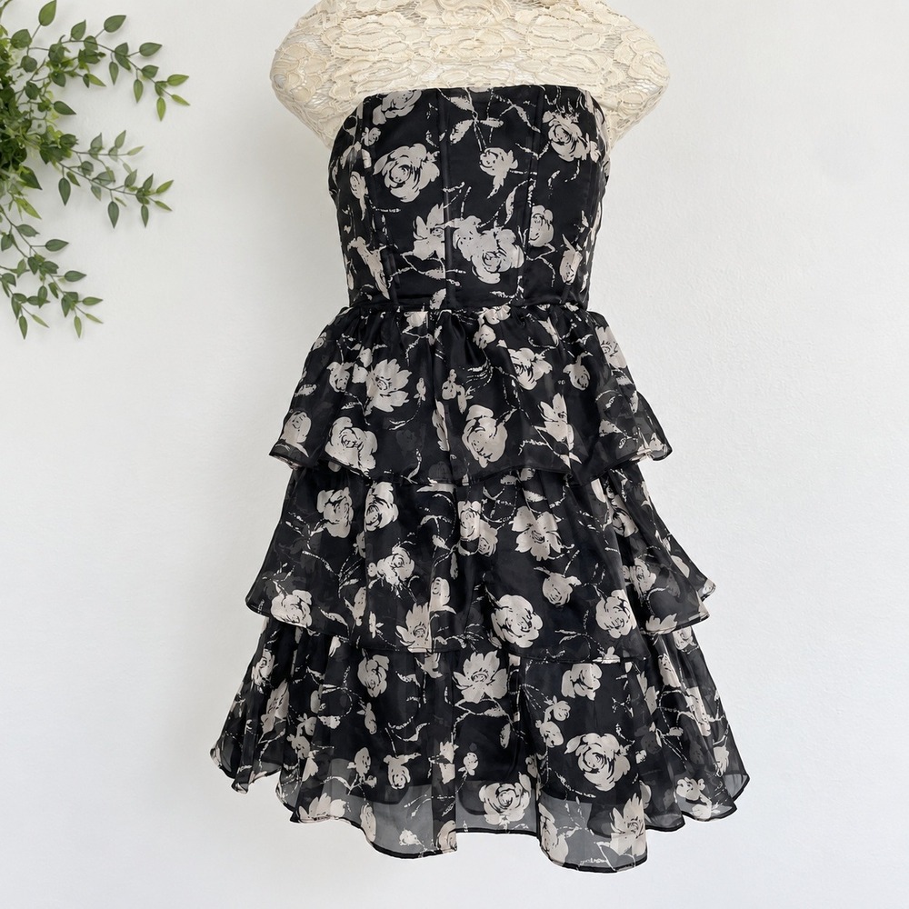 Sofie the label Strapless Mini Dress Sz M Black Floral Tiered Ruffle Coquette